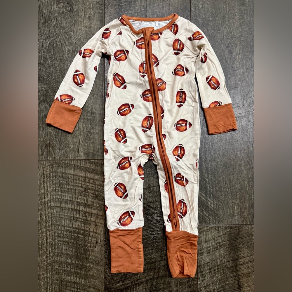 Little Sleepies White & Rust Football Print Zip One-Piece Pajamas 6-12M